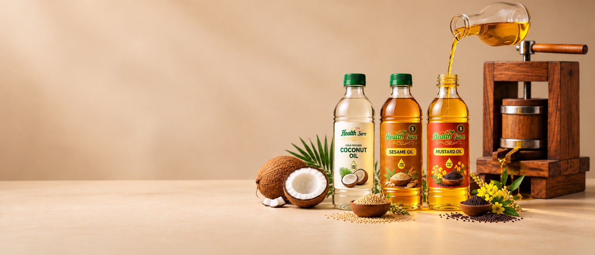 Health Sure coconut, sesame and mustard oil bottles beside a wooden ghani press, with oil being poured into the mustard bottle